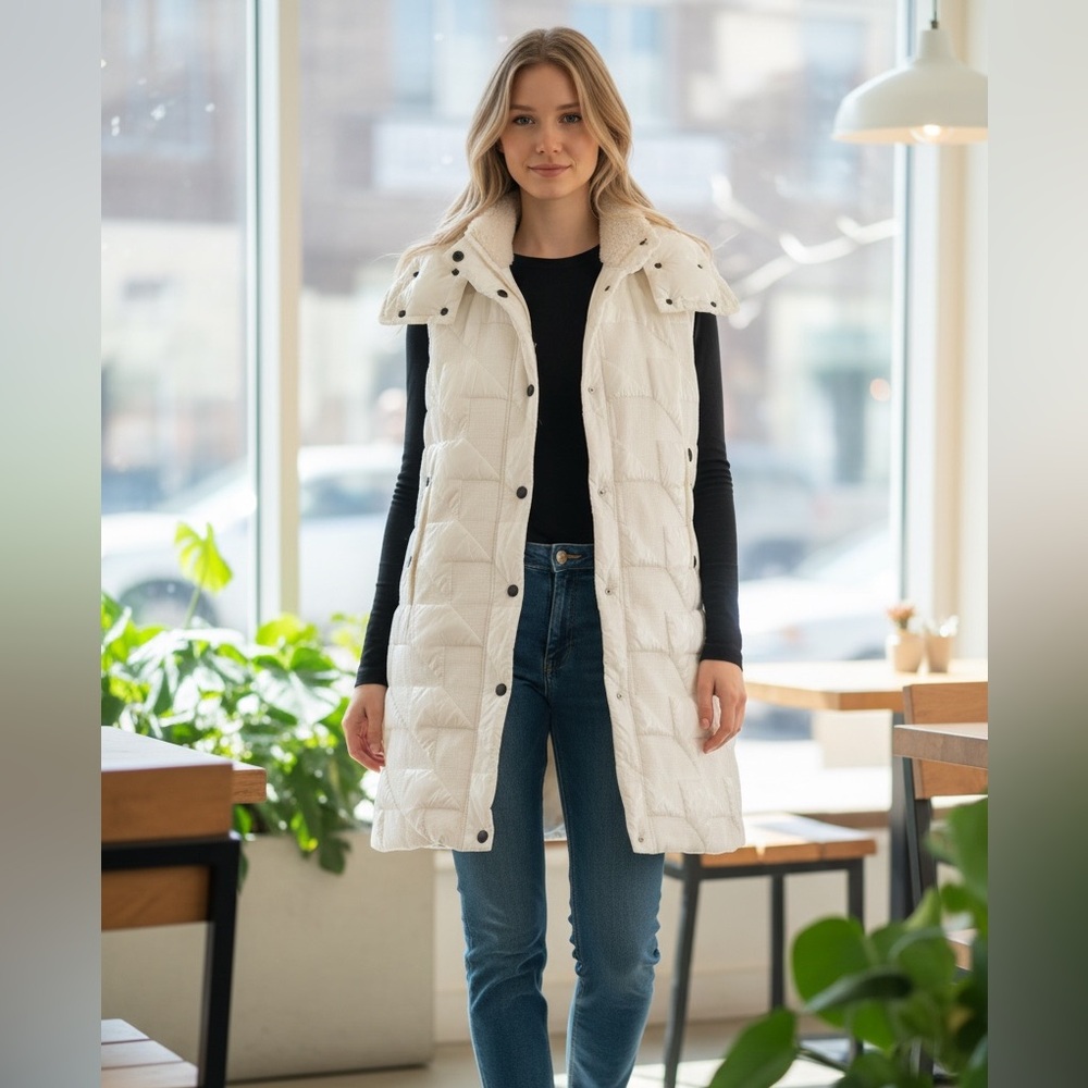 Moncler Grenoble White Quilted Jacket Vest with Shearling Collar